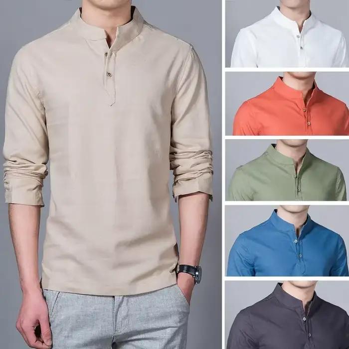 T-shirt en lin décontracté homme col mandarin respirant pour printemps été décontracté ocassions diverses