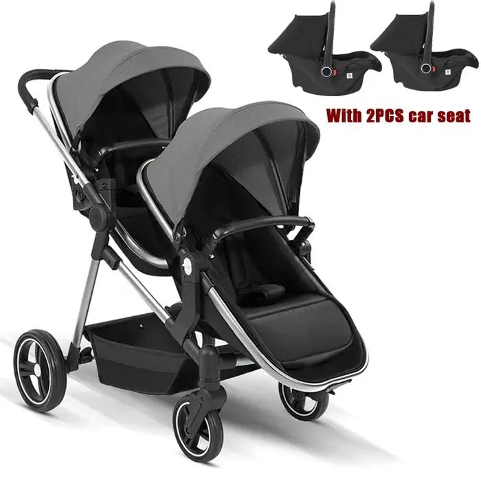 Poussette double multifonctionnelle avec intégration de sièges auto légères et portables pour sorties familiales et voyages occasions spéciales