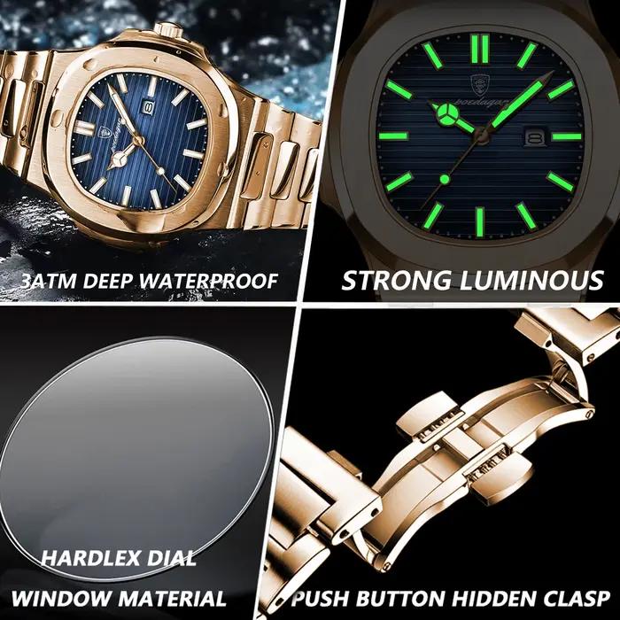 Montre homme POEDAGAR classique carrée étanche - Montre sport quartz acier inoxydable lumineuse avec boîte