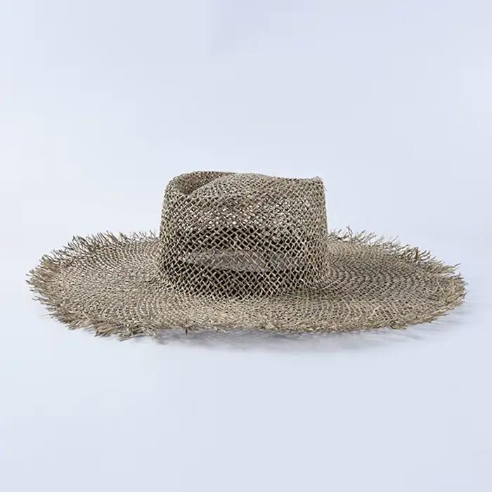 Chapeau de plage en jonc de mer tissé pour femmes, casquette de soleil décontractée, chapeau d'été à