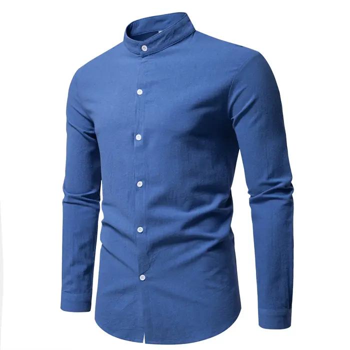 Printemps hommes à manches longues col montant couleur unie chemise décontractée hommes pur coton mo