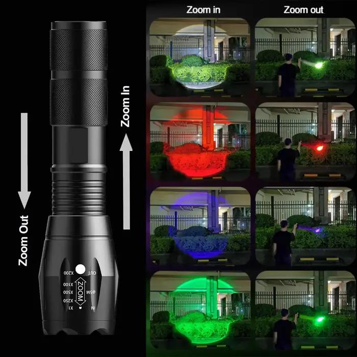 Multicolore 4 couleurs en 1 LED blanc rouge bleu vert bleu lumière 4 Modes Zoomable lampe de poche t