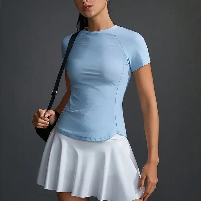 T-shirt bleu à manches courtes pour femme, coupe ajustée, col rond, tricoté, style streetwear sportif