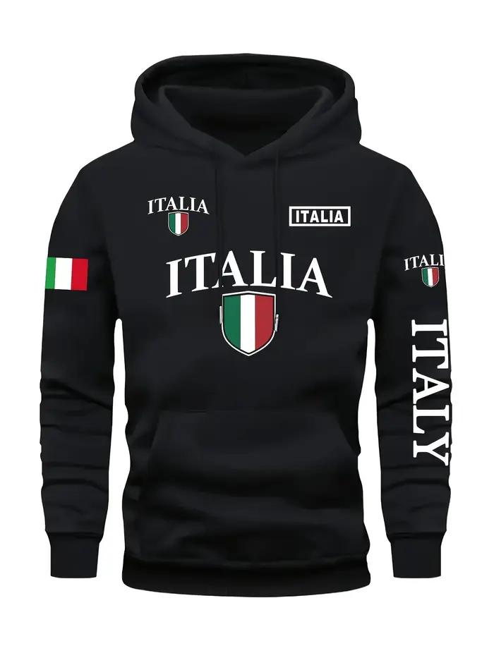 Sweat à capuche gris pour hommes, bouclier drapeau italien audacieux, lettre imprimée, pull décontracté, poche avant, poignets côtelés, ajustement confortable, mode urbaine