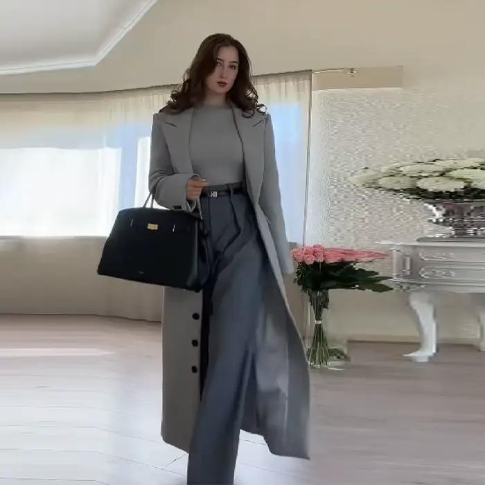 Manteau Long pour femmes, Slim, col en V, simple boutonnage, pardessus avec épaulettes, vestes Maxi