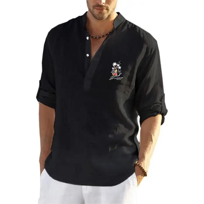 Chemise à Manches sulfen Coton et Lin pour Homme, Logo Hinano Tahiti Bière, Imprimé, Solide, Documen