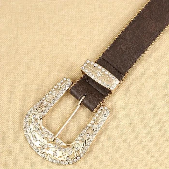 Ceinture en cuir PU marron pour femmes, 1 pièce, avec chaîne perlée bleu cobalt, ceinture en cuir de