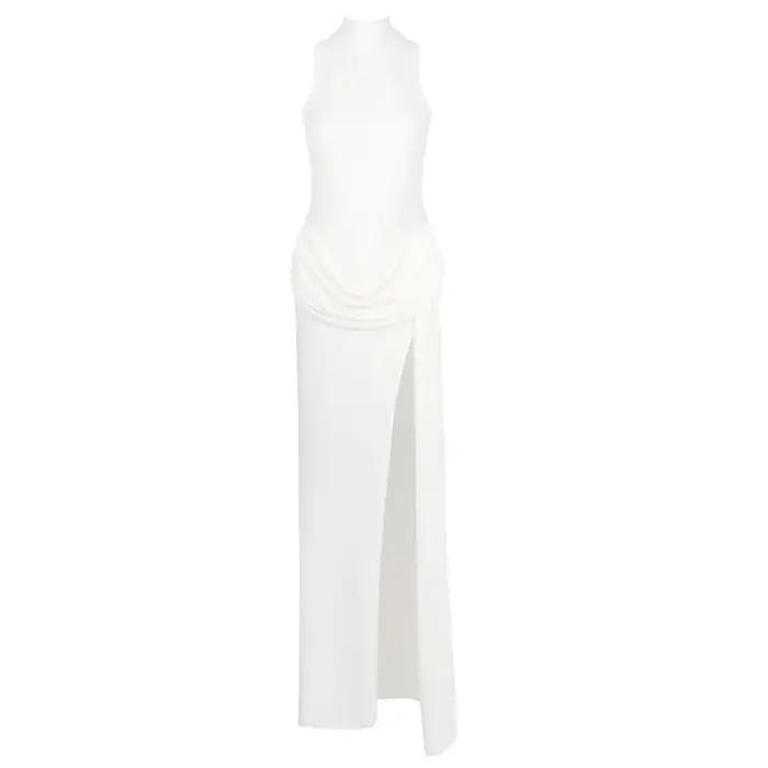 VC Robe élégante sans manches à col haut noir et blanc avec fente haute dramatique et taille drapée