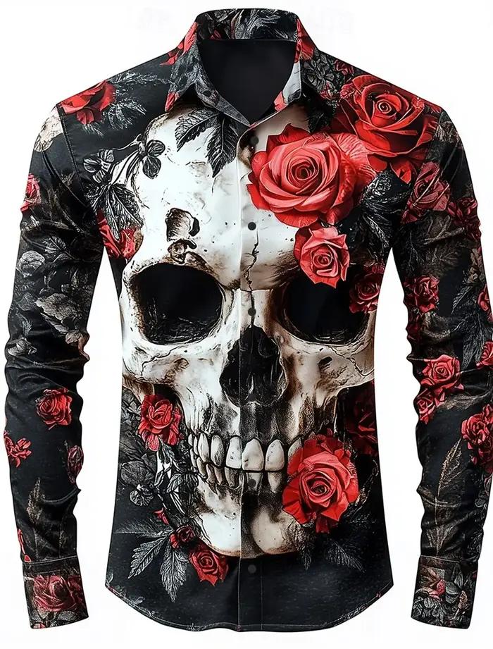 Chemise boutonnée à manches longues pour hommes, squelette Rose Skulls, Style gothique foncé, Street