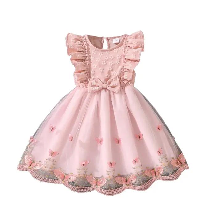 Robe de princesse mignonne avec imprimé floral et broderie pour filles de 4 à 7 ans, ajustement parfait, col rond, longueur aux genoux, occassions spéciales