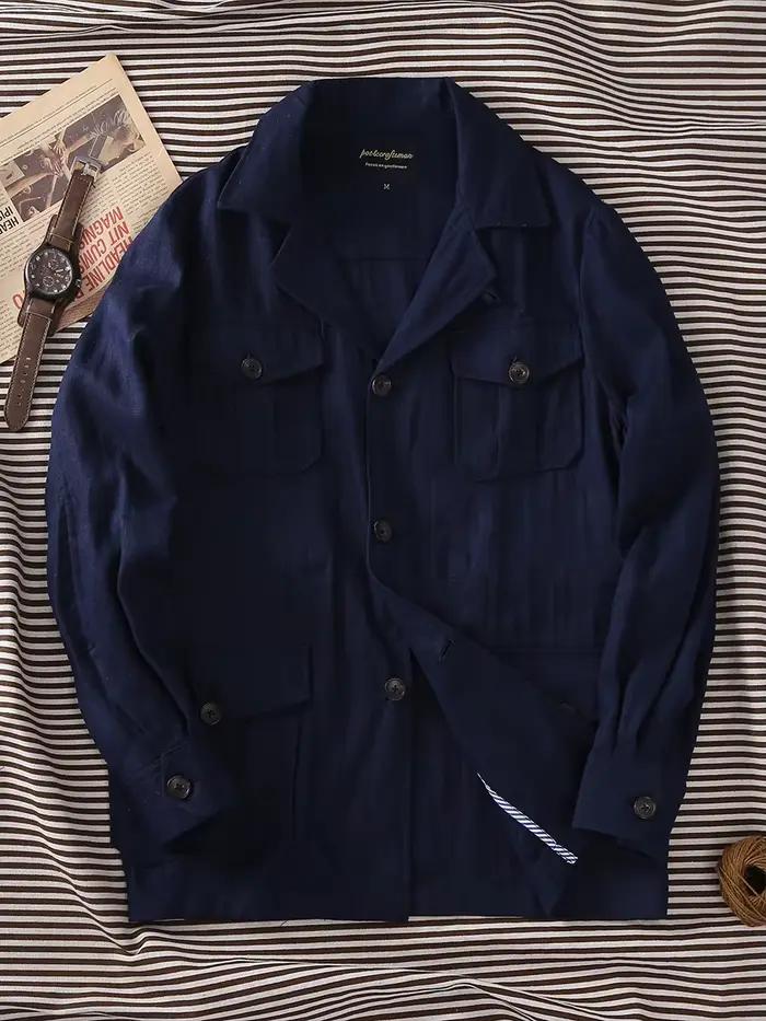 Veste de chasse en lin bleu marine pour homme, veste d'extérieur élégante et décontractée pour printemps et été, tenue de gentleman occassions décontractées