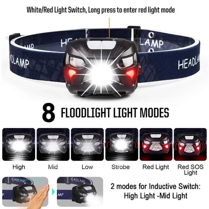 8 Mode puissant phare corps capteur de mouvement tête lampe de poche Usb Rechargeable