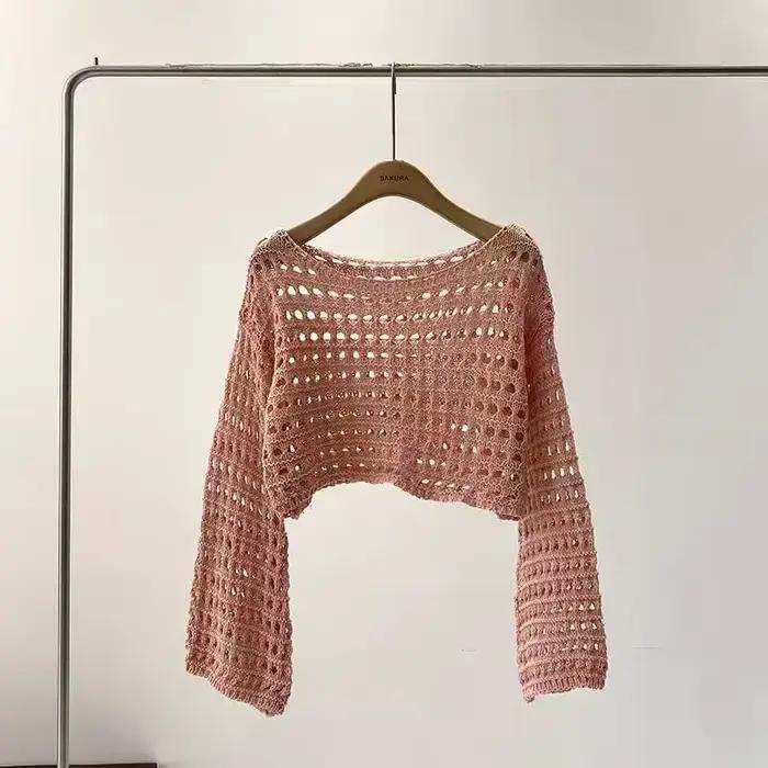 Haut crochété en polyester avec manches évasées pour femmes, style bohème, occassions estivales et plage