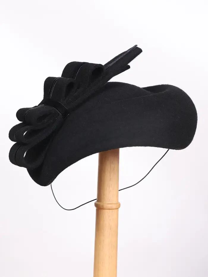 Chapeaux fascinateurs en feutre de laine noire FS élégants pour mariage, cérémonie, thé, cocktail, église avec nœud occasions spéciales femmes