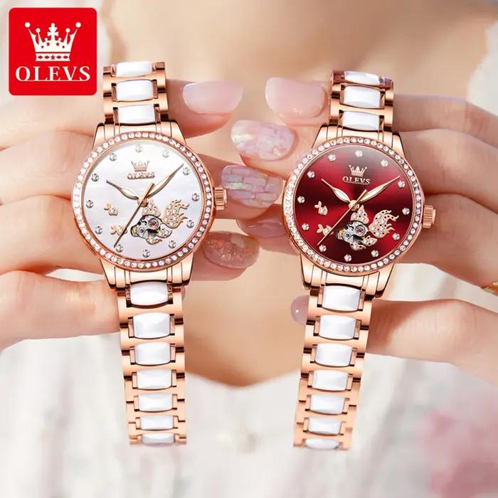 Montre OLEVS 7001 automatique mécanique pour femme en acier inoxydable de luxe avec bracelet élégant