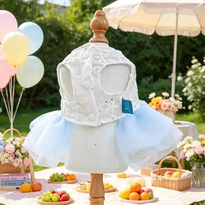 Robe tutu pour animaux de compagnie avec nœud en perles bleues et blanches