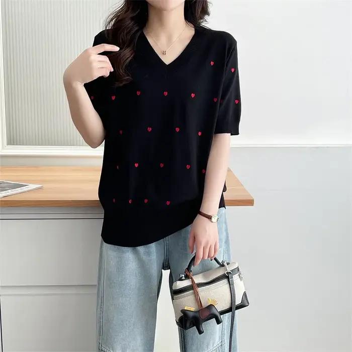 Pull à manches courtes Ice InjEmbroidery Coussins Temperament pour femmes, vêtements décontractés, g