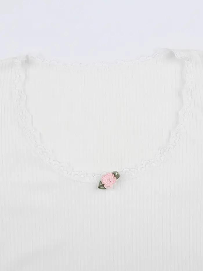 Y2k-Haut court en dentelle florale pour femme, blanc, mince, col rond, t-shirt décontracté basique,