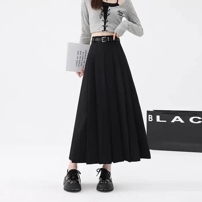 Jupe trapèze grise pour femme, taille haute, décontractée, en laine, longueur midi, pour le printemps et l'automne