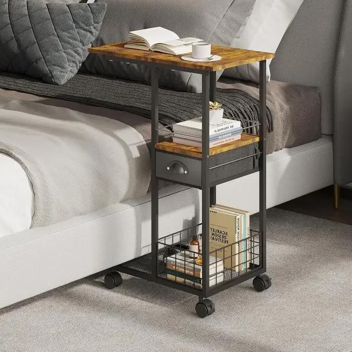 Table d'appoint moderne Vintage roulante, Table d'appoint compacte multifonctionnelle en forme de C