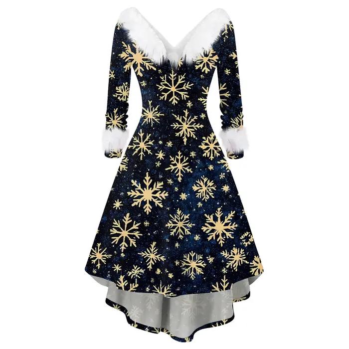 Robe imprimée vintage pour femmes élégante à manches longues col en V pour Noël et autres occasions spéciales