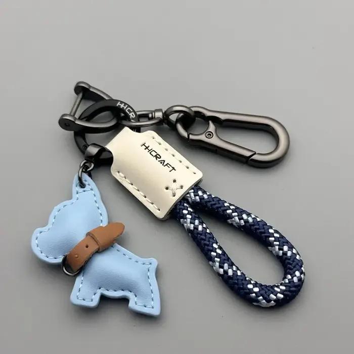 Porte-clés bouledogue français en cuir véritable fait à la main