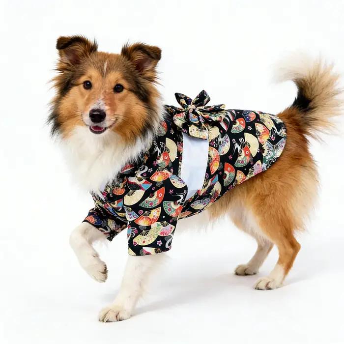 Kimono japonais pour animaux de compagnie avec imprimé éventail et nœud