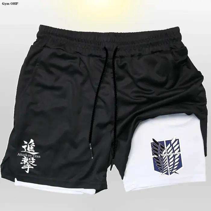 Anime Attack On hommes Gym séchage rapide Jogging Shorts Fitness entraînement course 2 en 1 pantalons courts
