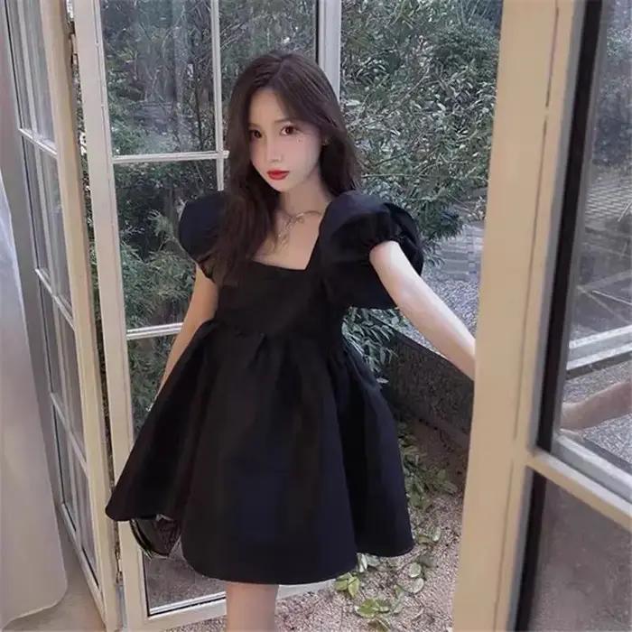 Mini robe de Rhà manches bouffantes pour femmes, robes de princesse noires douces, style français, t