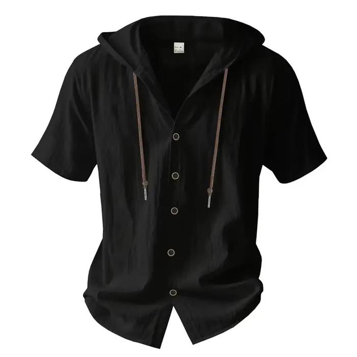 Chemise en coton et lin pour homme à capuche, décontractée, respirante, avec cordon de serrage, manches courtes, solides et élégantes pour l'été et les occasions décontractées