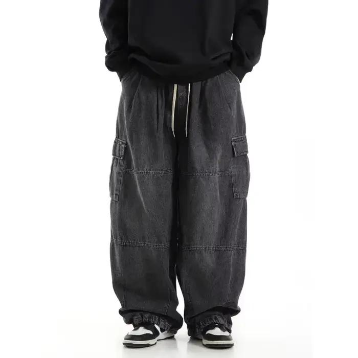 Jean Cargo Baggy noir pour hommes, pantalon de Jogging décontracté à jambes larges, surdimensionné,