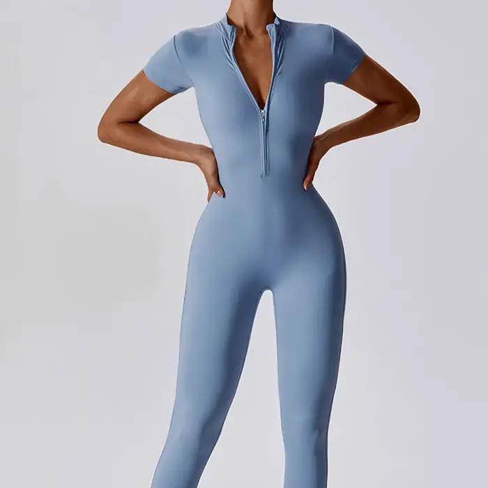 Ensemble de Yoga, combinaisons une pièce pour femmes, fermeture éclair, manches courtes, vêtements d
