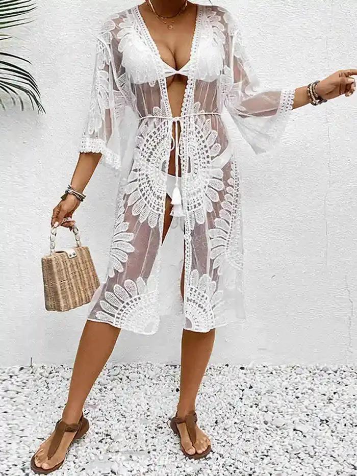 Kimono plage femme dentelle transparente broderie florale robe couverture été plage vacances