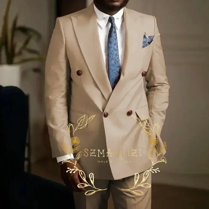 Costumes décontractés roses pour hommes, Blazer à revers à Double boutonnage, Costume de fête de mariage formel à la mode, veste et pantalon 2 pièces
