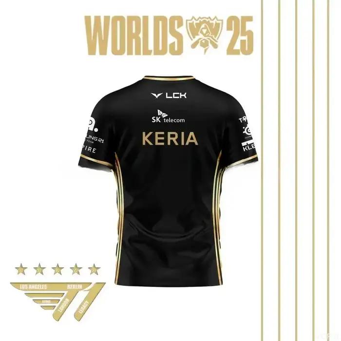 Faker Jersey League of Legends 2025 Champion du monde Maillot de l'équipe tout noir T-shirt Lol Esports Lck T1 Team Grand haut