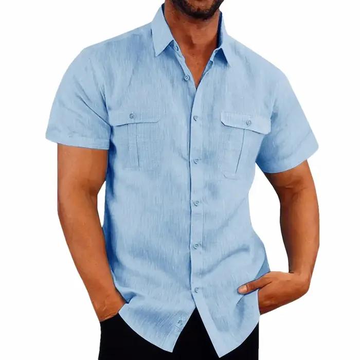 Chemises en lin pour hommes, vente chaude, chemises à manches courtes pour hommes, couleur unie, col