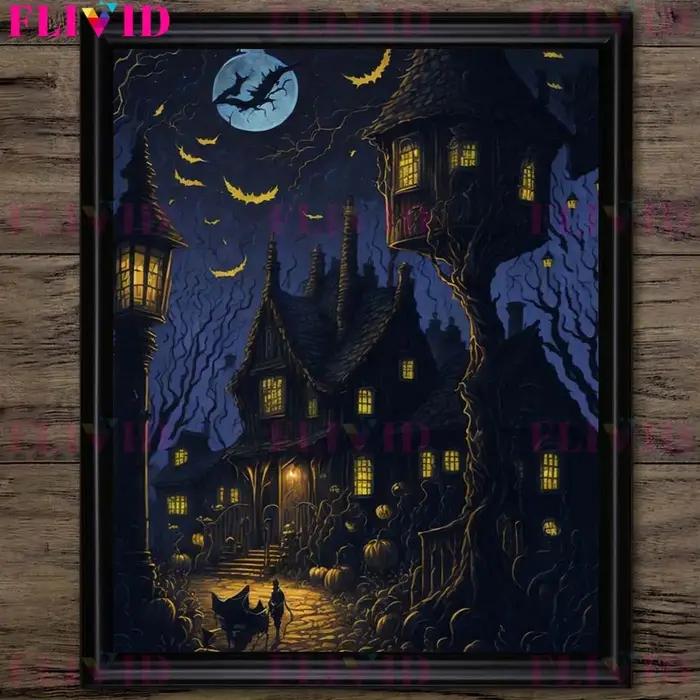 Toile d'Art Mural Vintage Impression sur Toile avec Château Hanté sous la Lune Gothisme et Design Abstrait pour Décoration Intérieure Occasions Spéciales