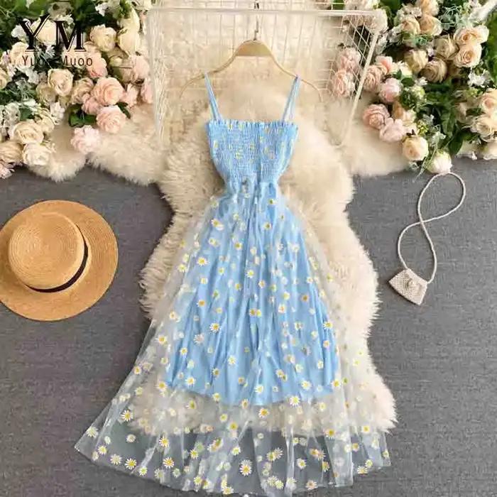 Mode coréenne marguerite fleur imprimé maille robe de soirée été deux couches Spaghetti sangle vacances