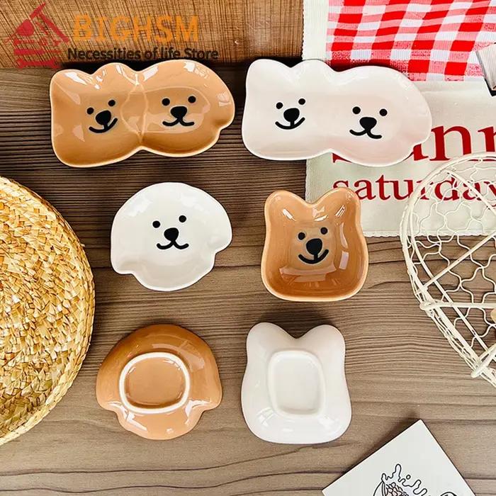 Bol à sauce en céramique avec motifs de chiens et ours mignons pour collations, sauces, sushi et soja - Idéal pour dîners familiaux et apéritifs