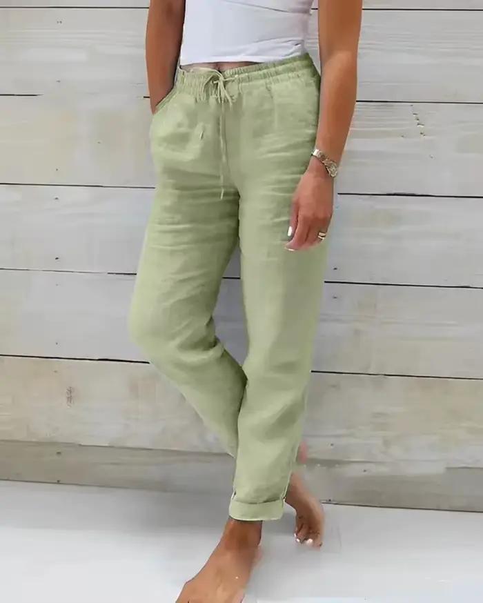 Pantalon d'été en coton et lin pour femme, taille haute élastique, décontracté, streetwear, couleur