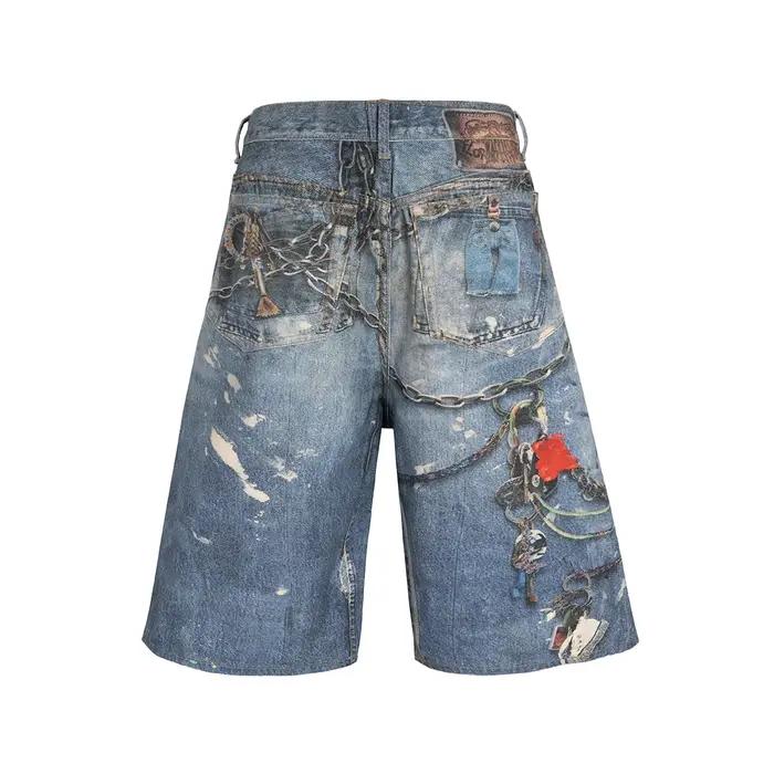 Shorts en jean baggy patchwork imprimé 3D pour hommes, style streetwear, nouvelle collection été, co