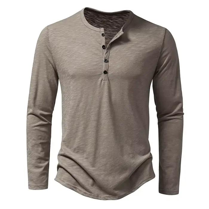 Nouveau hommes coton Henley t-shirt à manches longues T-Shirts basique décontracté bouton col respirant quotidien haut