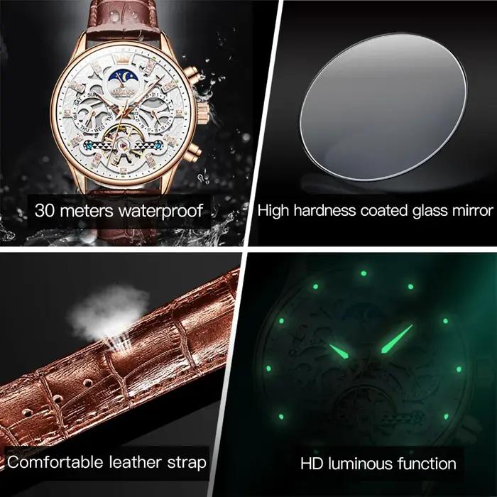 Montre homme OLEVS 6658 automatique mécanique squelette bracelet cuir étanche lumineuse affichage date
