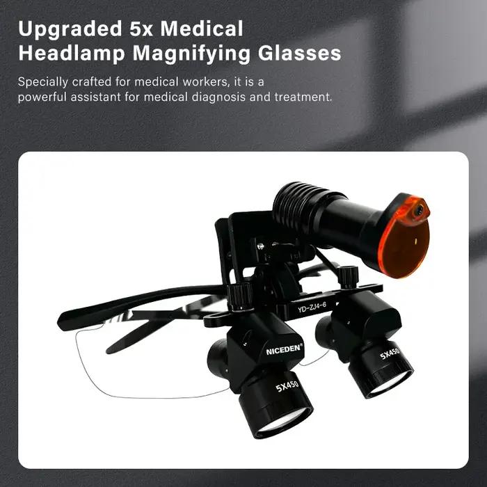 NICEDEN Médical 48 ° Loupes ergonomiques 4X-6X, loupe binoculaire réglable, loupe dentaire, équipement chirurgical dentaire avec LED 5W