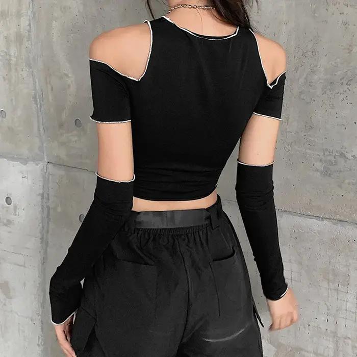 Patchwork noir T-shirts gothique Y2k haut court volants ourlet Hip Hop Techwear femmes T-shirts