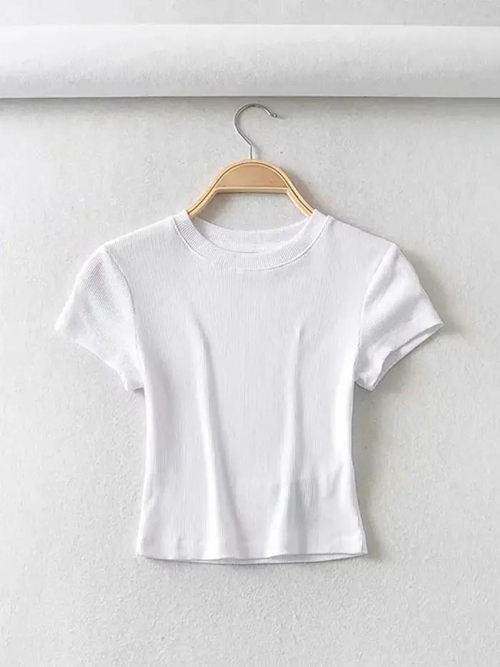 Été Sexy femmes col rond à manches courtes T-shirt mince élastique maigre culture hauts