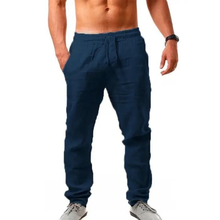 Pantalon homme été coton lin élastique couleur unie - Bas ample respirant casual hip-hop décontracté