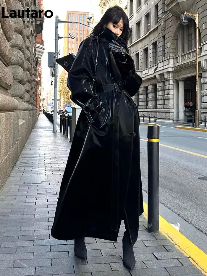 Lautaro printemps automne Extra Long surdimensionné Cool réfléchissant brillant noir en cuir verni T