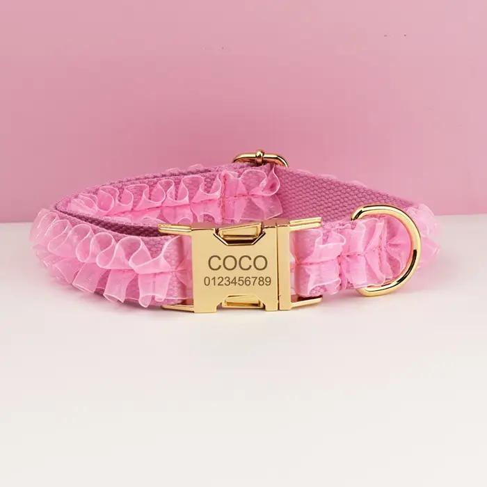 Collier pour chien en dentelle rose gravé sur mesure - Harnais personnalisé pour animaux de compagni