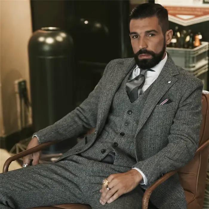 Costume d'hiver en Tweed de laine grise pour hommes, coupe cintrée, smoking formel pour marié, 3 pièces, costumes de mariage (veste + gilet + pantalon)